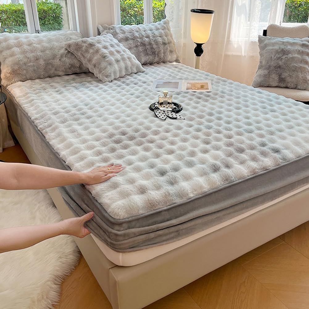 Fluffy Plush Mattress Protector Velvet Bedding Mattress Cover with 10'' Deep Pocket,Winter Warm Fuzzy Fitted Sheet Noiseless Mattress Topper Cover (Rose,79x87inch)