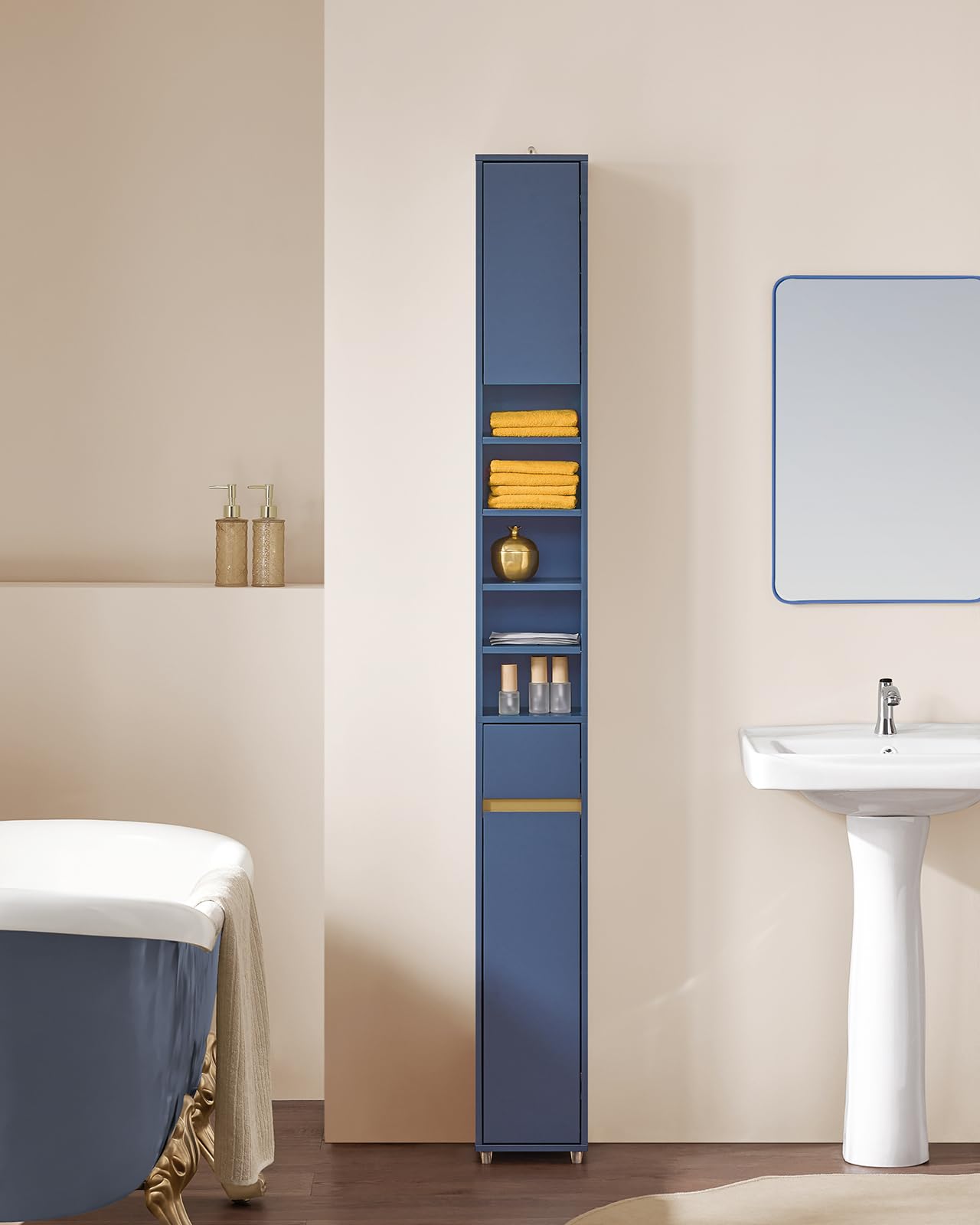 Armadietto da bagno alto 20 cm di profondità, autoportante, in MDF resistente all'acqua, con ripiani regolabili, soluzione salvaspazio per piccoli spazi