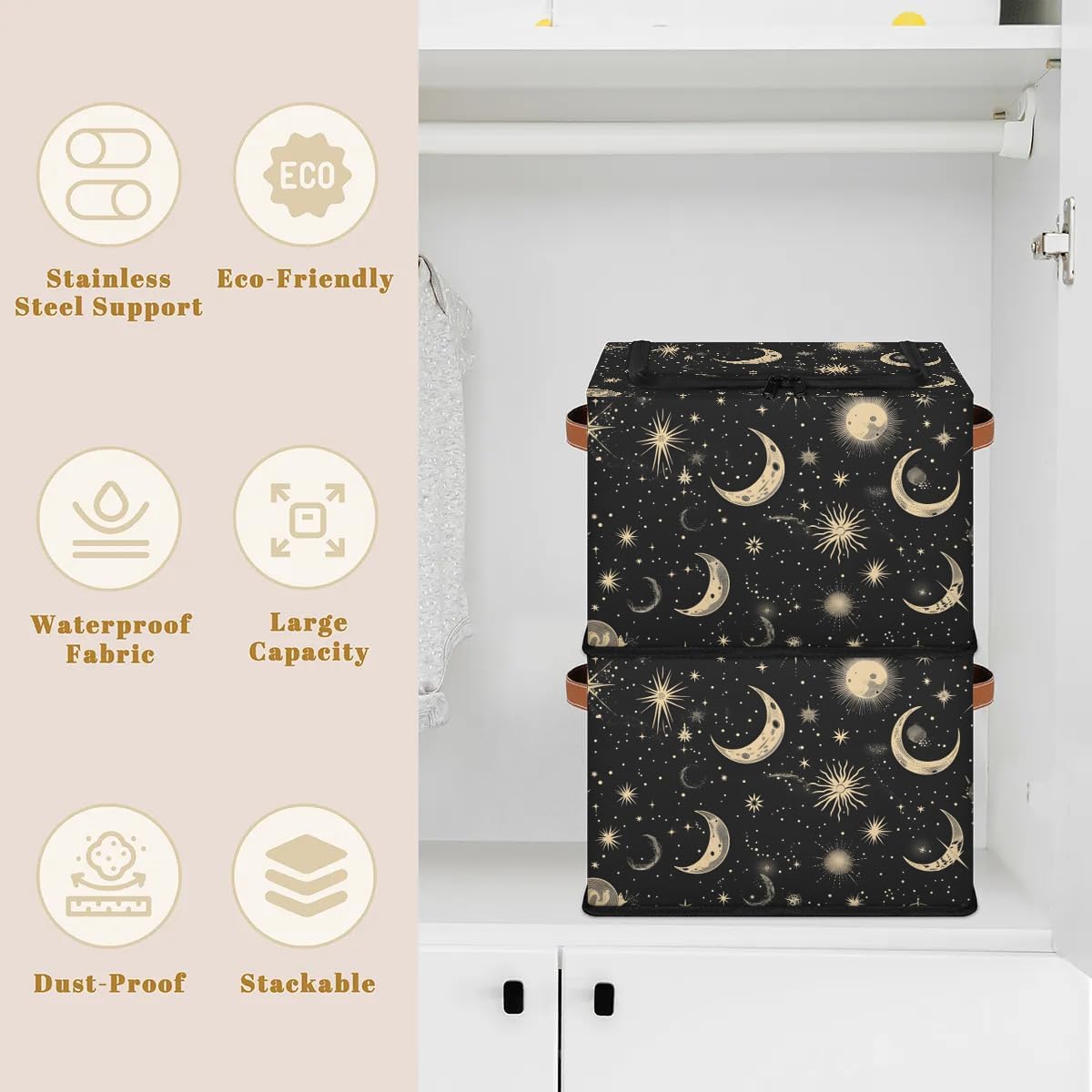 Black Moon Storage Bins with Zipper Lid 2pcs Stackable Storage Baskets Boxes with Metal Frame Closet Storage Cube Bin Organizer with PU Handles Clothes Storage Bag