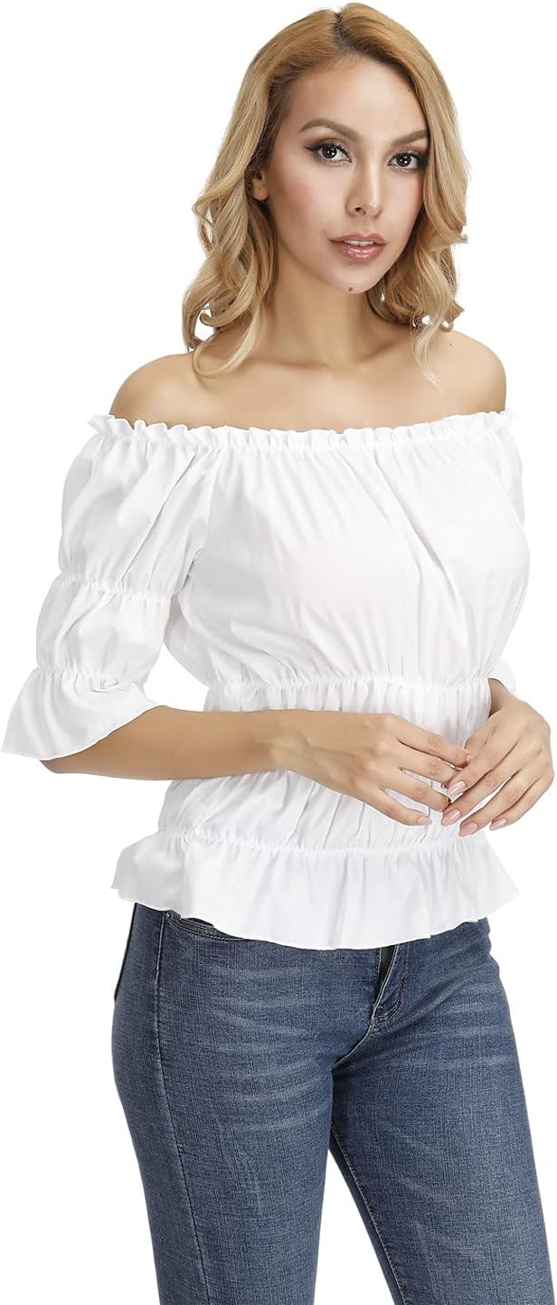 Steampunk Renaissance Blouse Women Half Sleeve Boho Off Shoulder Peasant Shirt - Image 3