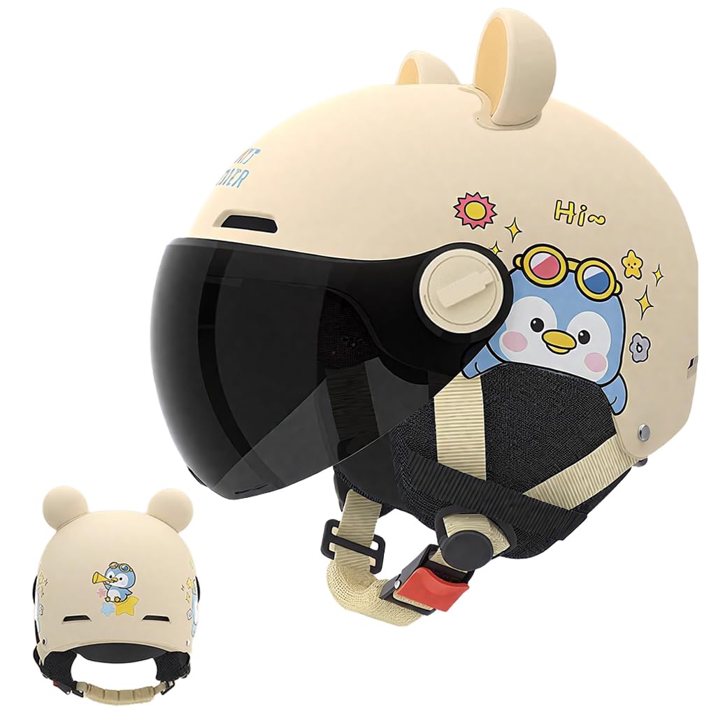 Proberos® Kids Bike Helmet for Boys & Girls Ages 3-12, UV400 Sun-Proof Goggle Lightweight Cartoon Bike Helmet with Detachable Ear Guards, Adjustable Chin Strap, Cushion Liner Design, Beige