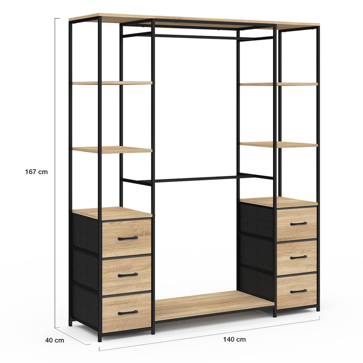 IDMarket - Dressing Double penderie + Double Colonne L. 140 cm Utah avec 6 étagères et 6 bacs en Tissu Bois et Noir
