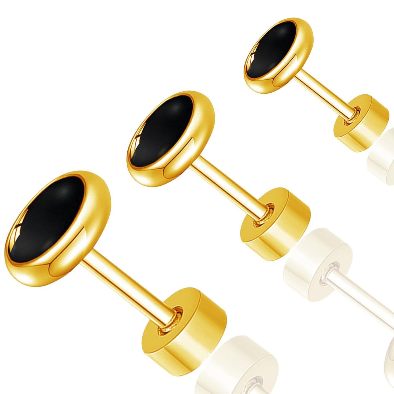vama FASHIONS 3 pcs 18K Gold Plated Stainless Steel Anti Tarnish Flat Black Stud Earrings Single Ear Studs Multiple Sizes Earring Combo Set for Men & Boys-picture-39
