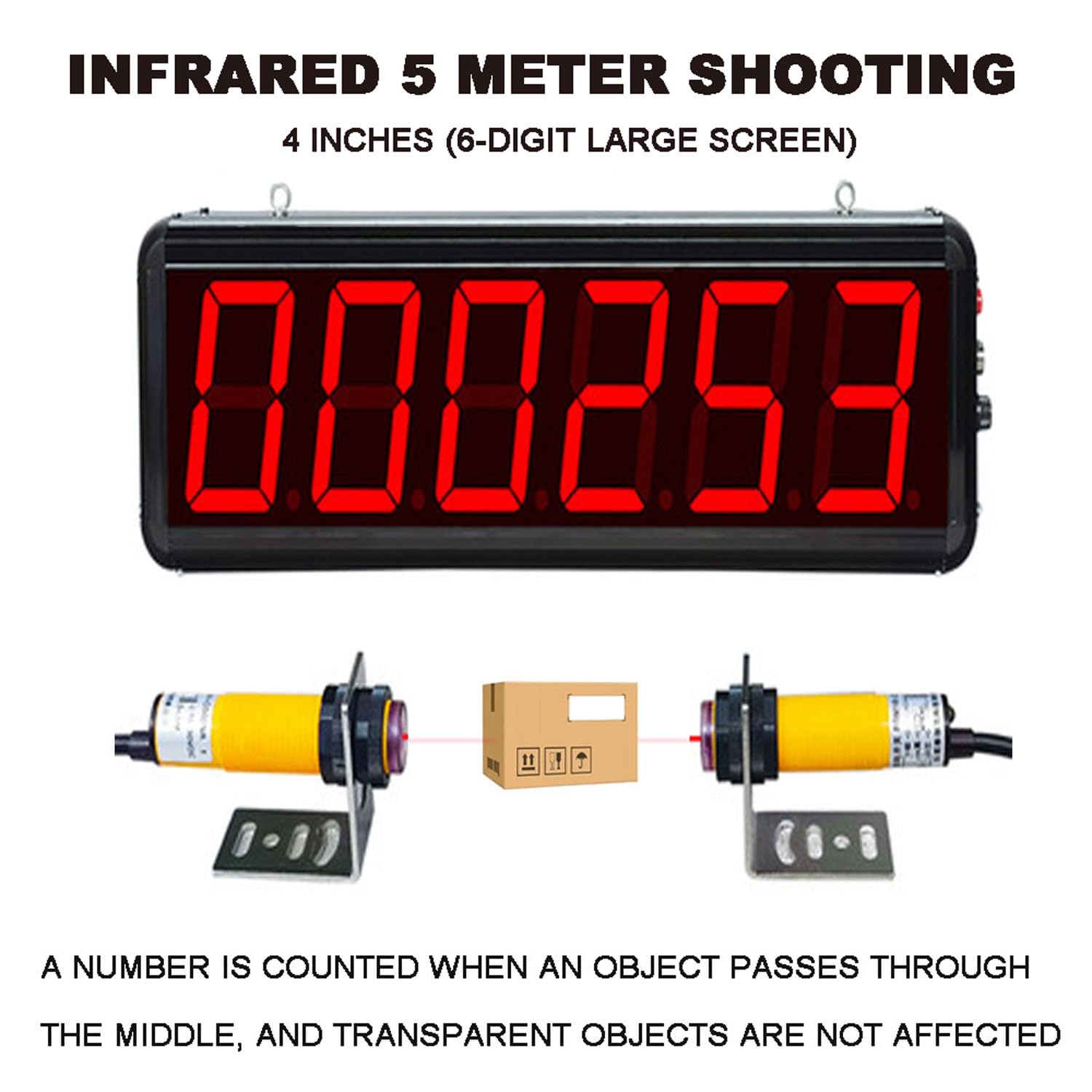 Contatore Industriale a 6 cifre con Display, Distanza di rilevamento di 5 m, misuratore LED ad Alta precisione da 0 a 999999, Doppia sonda, 2 metodi di ripristino, Memoria in ca,