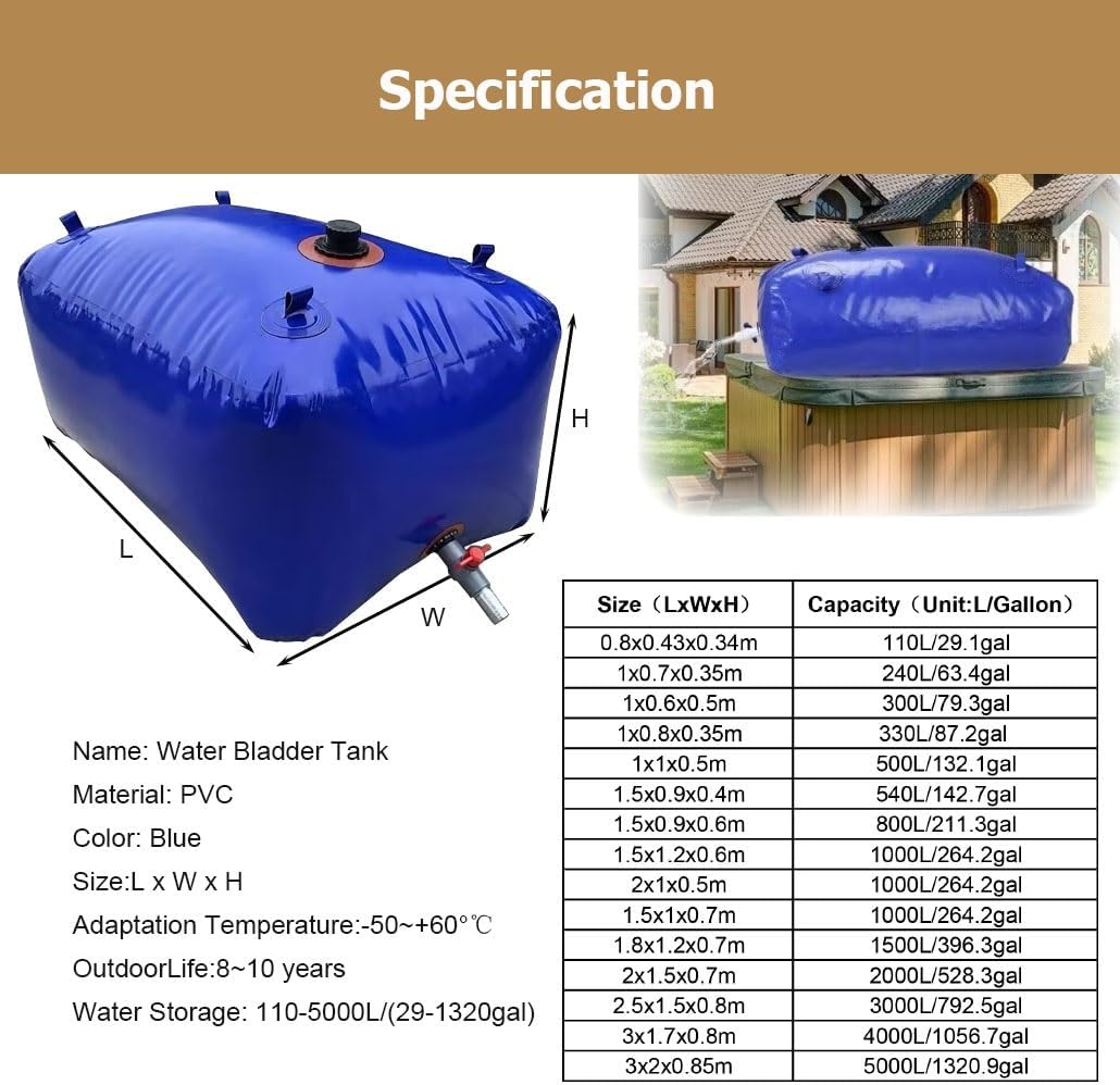 29-1320 Gal Water Bladder Tank, Foldable Portable Water Storage Container for RV Truck Bed Fire Prevention Drought Resistance(3x2x0.85m/5000L/1320.9gal)