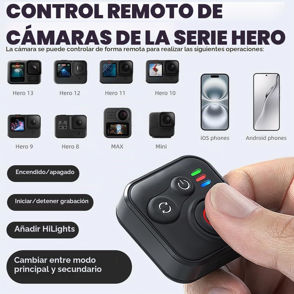 NAVESO Mando a Distancia Blueteeth para GoPro Hero 13/12/11/Insta360 X5/X4/X3/Ace Pro 2/Ace Pro/GO3S/GO3/IOS/Android, Inteligente Blueteeth Remote Control con Muñeca y Cable de Carga USB para GoPro