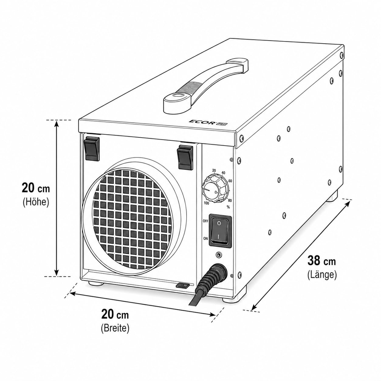 Ecor Pro DryFan DH1200 osuszacz adsorpcyjny, 12 l/dzień, całkowicie metalowa konstrukcja z powłoką epoksydową, do użytku prywatnego i przemysłowego oraz do pomieszczeń do 200 m²