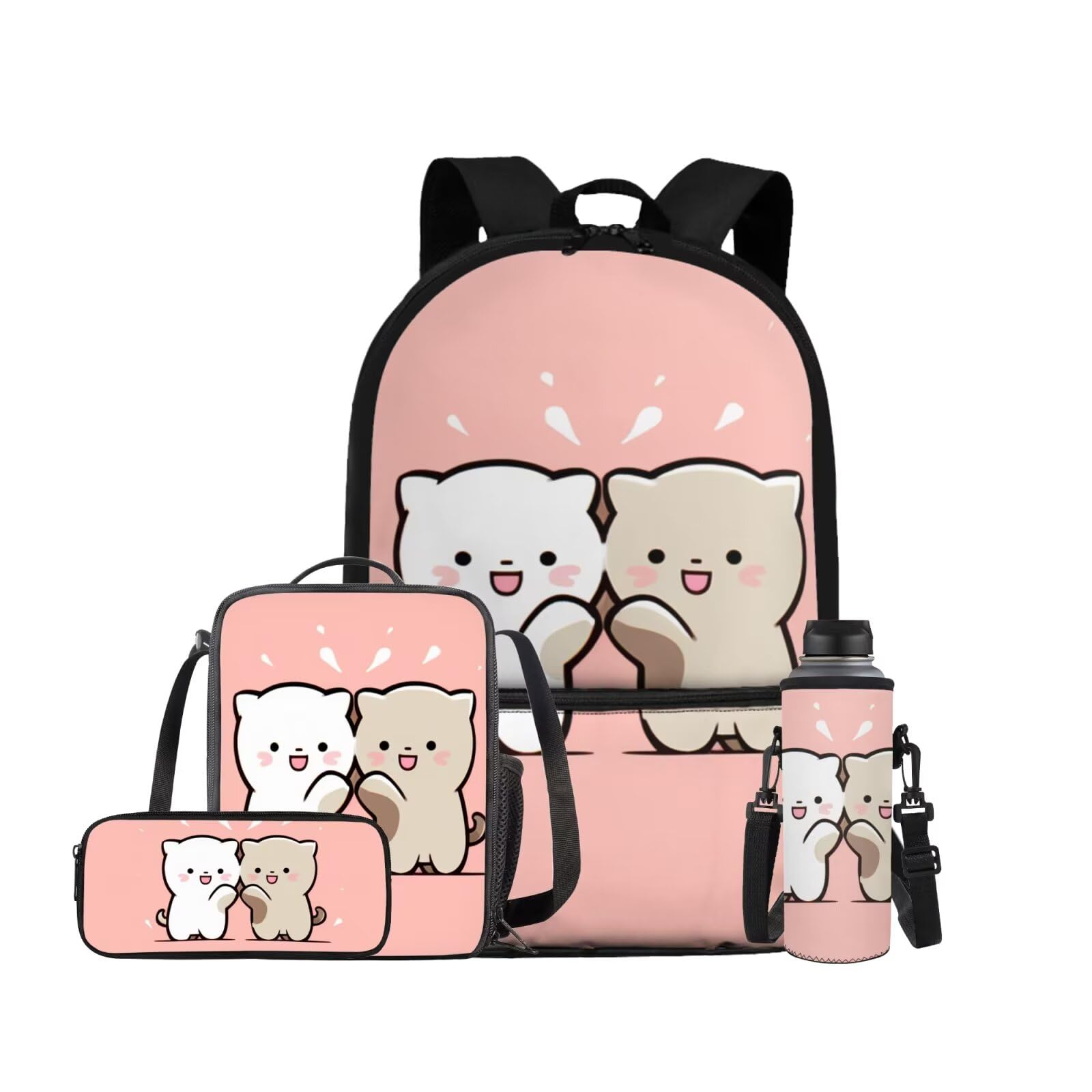 XXQGOMG Cat Backpack for School Kids Girls Bookbags with Lunch Box Pencil Case Water Bottle Sleeve 4 in 1 Cute Kids Travel Backpack for lementary