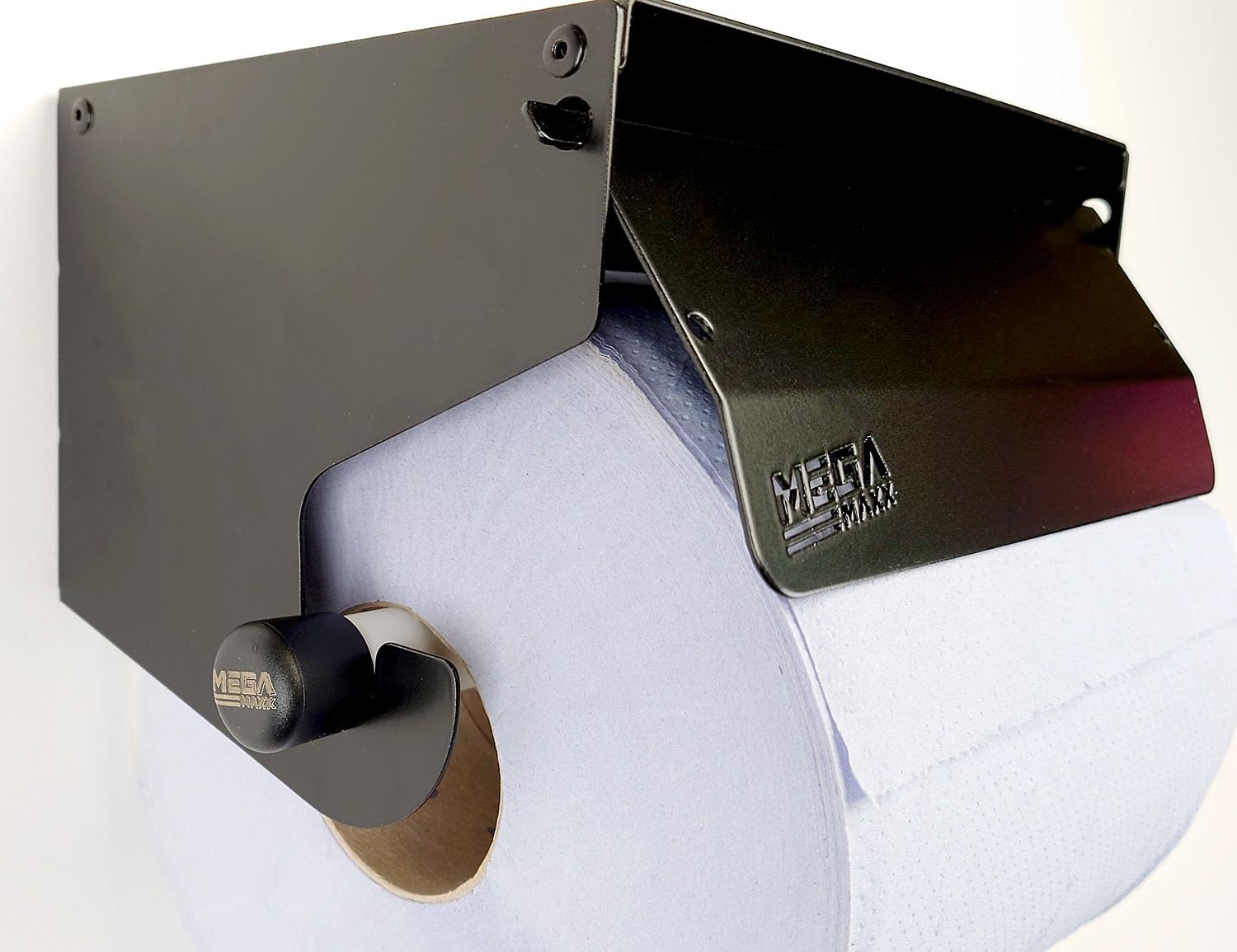 Rollo de papel de metal resistente montado en la pared, 220 mm, color azul, dispensador galvanizado con cubierta de rodillo para baño, saneamiento y oficina, color negro