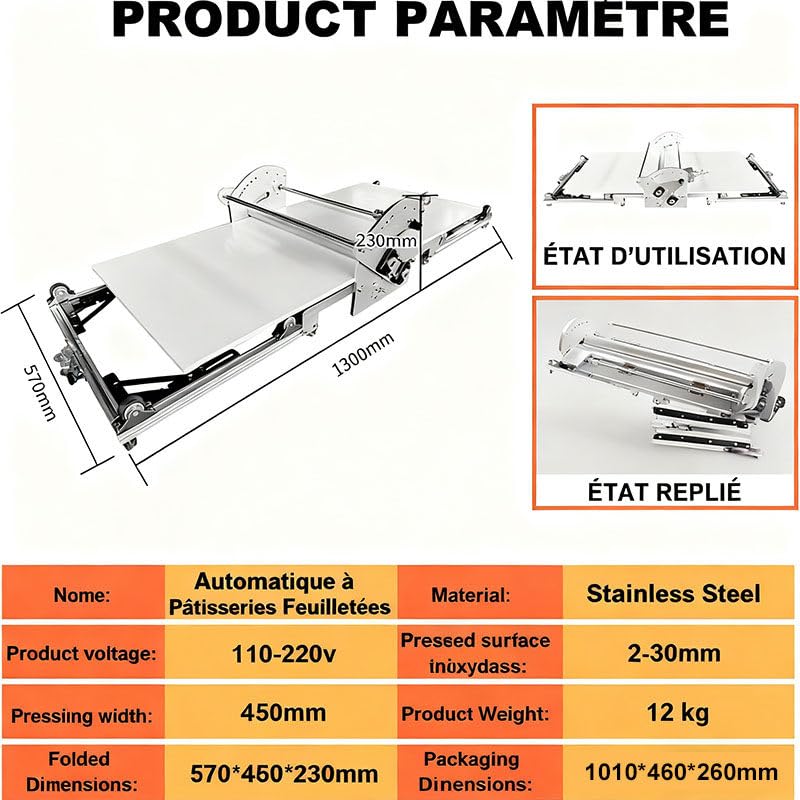 Laminoir électrique Domestique pour pâte feuilletée - Acier Inoxydable, épaisseur réglable de 2 à 30 mm, Pliable, idéal pour Pizzas, Croissants, viennoiseries et fudges.