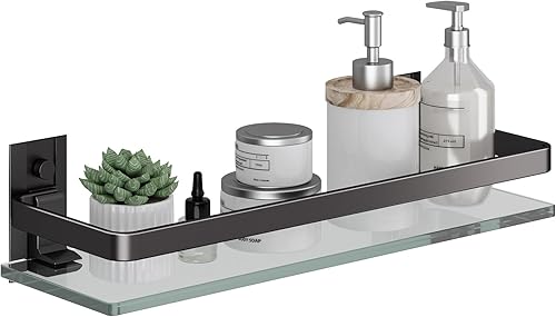 Danpoo Estante de pared de vidrio templado transparente, organizador de pared para baño, cocina (negro mate)