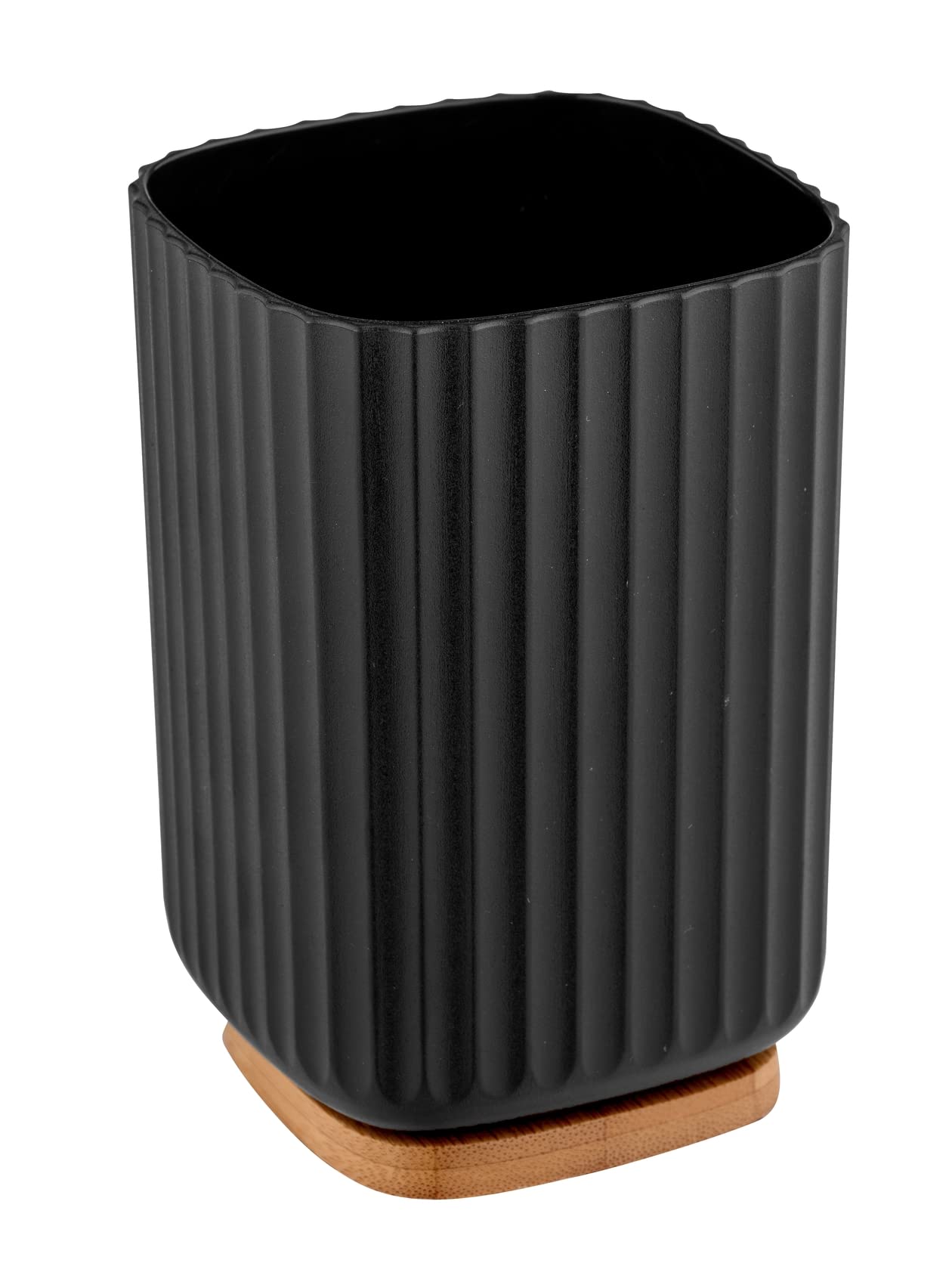 WENKO Zahnputzbecher Mod. Rotello, Becher zum Zähneputzen aus Kunststoff und Boden aus Bambus, Abstellmöglichkeit für Zahnputz-Utensilien mit griffiger Rillenstruktur, Ø 8,6 x 11,1 cm, Schwarz/Natur