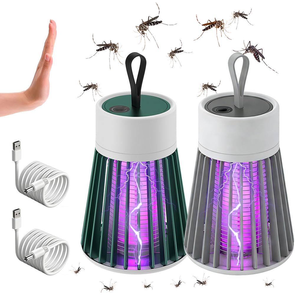 2PCS Mosquito Killer Lamp, Bug Zapper with UV Light Catcher, 3 in 1 Portable Fly Killer Indoor Mosquito Killer, 360° Attract Insect Fly Zapper for Indoor Outdoor Camping, Gray and Green