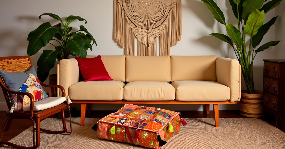 CRAFT KALA Indian Square Patchwork Traditional Pouf Cover Indian Living Room Poufs Decorative Embroidered Designer Ottoman Home Living Footstool Chair Cover Decor Pillow Cover 22x22x5 inches, Orange