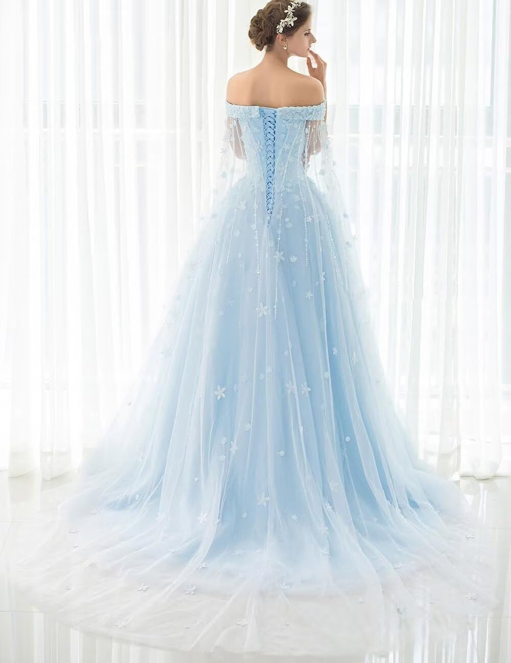 Dydsz Women's Off Shoulder Long Prom Dress Tulle Quinceanera Sweet 16 Dresses with Cape