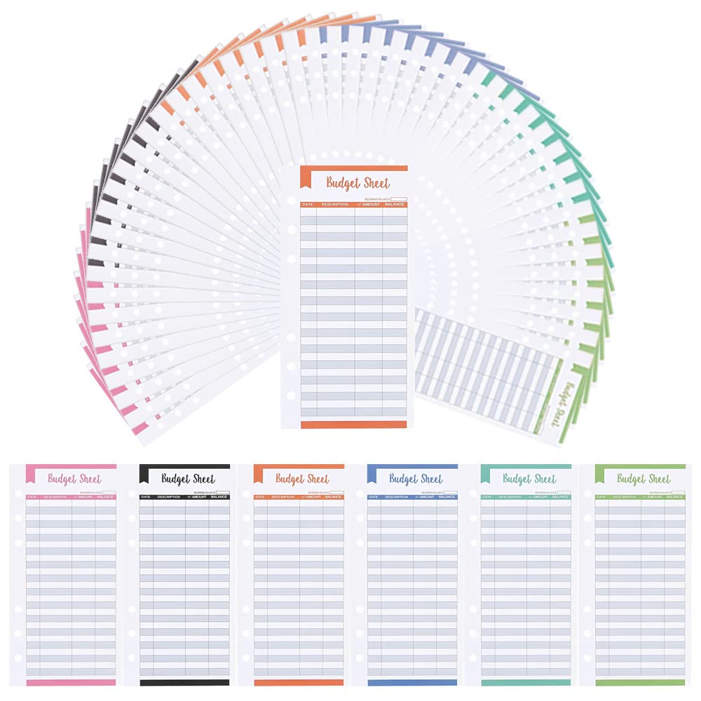 Set di 48 Pezzi A6 Fogli di Bilancio per Budget con Buste per Denaro e Contanti - 6 Colori