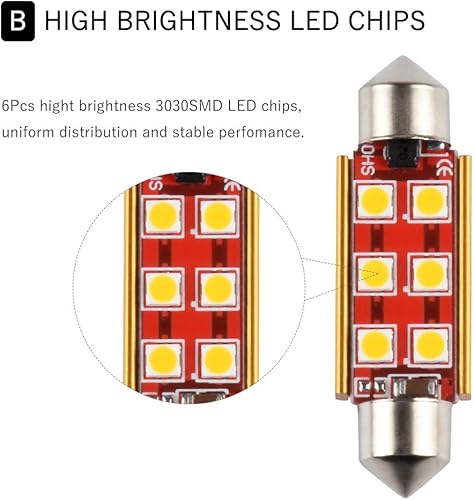 Miniatura 4 de 1797 Bombilla LED de 1.614 in, 1.654 in, 1.65 pulgadas, 211-2 569 578, luz blanca cálida 3030 SMD para coches, mapa, matrícula, cajuela, luces