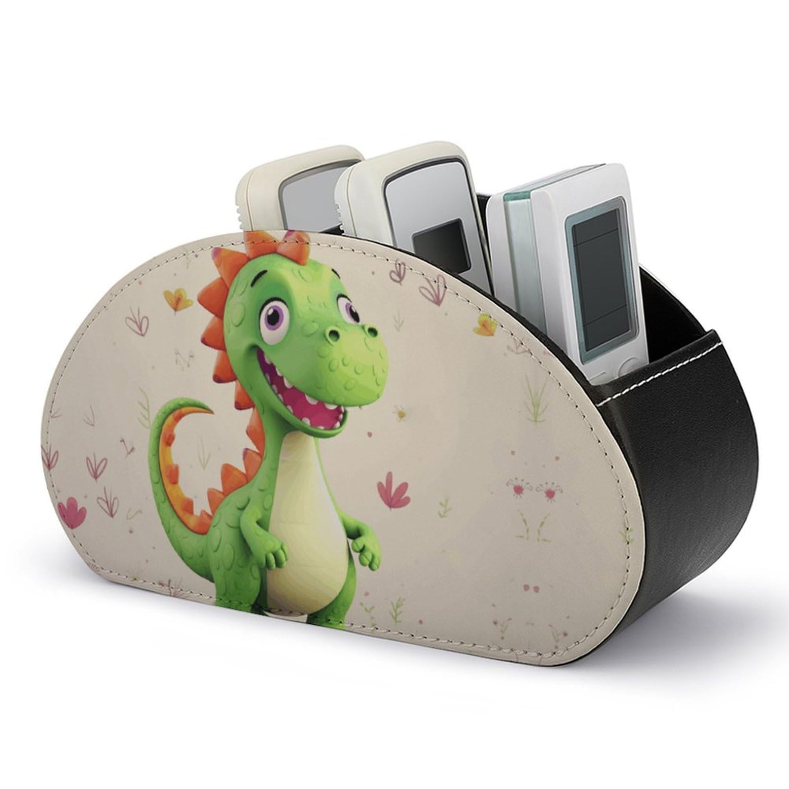 JTREHY Cute Dinosaur Remote Control Holder with 5 Compartments Pu Leather Remote Caddy Box Multi-functional Deskt Holders Organizer Box Tray Bedside Table Storage Organizer