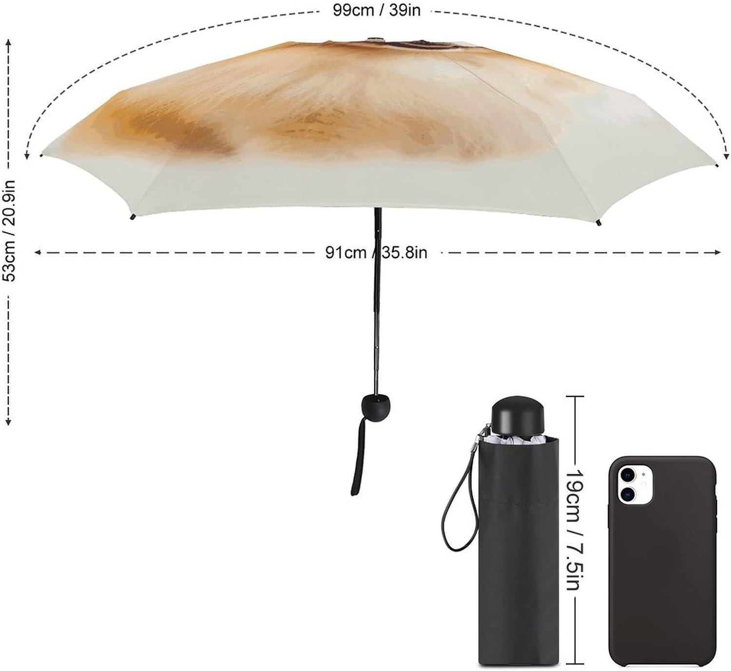 Yellow Pomeranian Umbrella, Strongest Windproof 5-Fold Travel Umbrellas, Premium Portable Folding Umbrella for Rain & Sun, Compact Umbrellas for Purse Backpack, Outdoor & Gifts