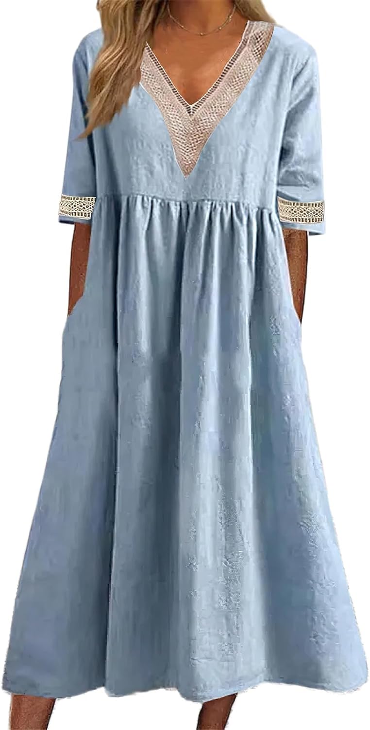 HOTYD Summer Cotton Midi Dresses for Women Lace V Neck Casual Half Sleeve Flowy Tiered Loose Solid Dresses with Pockets