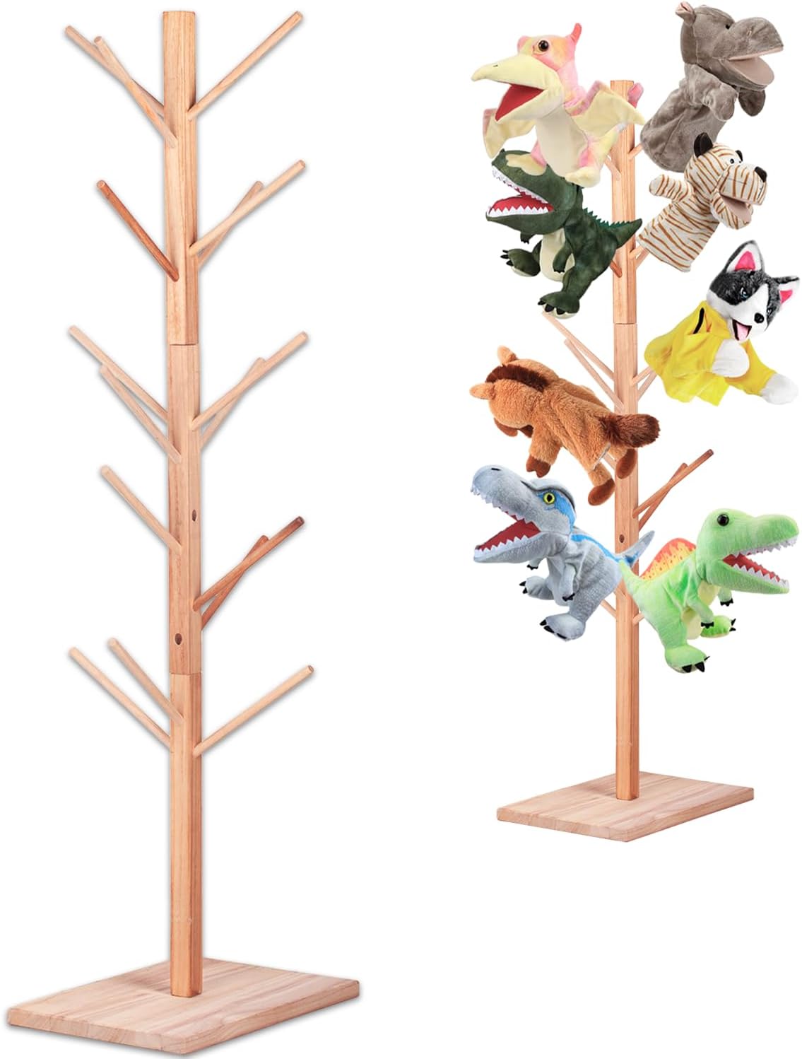Wooden Puppet Stand for 15 Puppets – Hand Puppet Display Tree with 15 Pegs, Space-Saving Organizer for Classroom, Playroom, Daycare or Home Use – Natural Wood Puppet Holder Rack