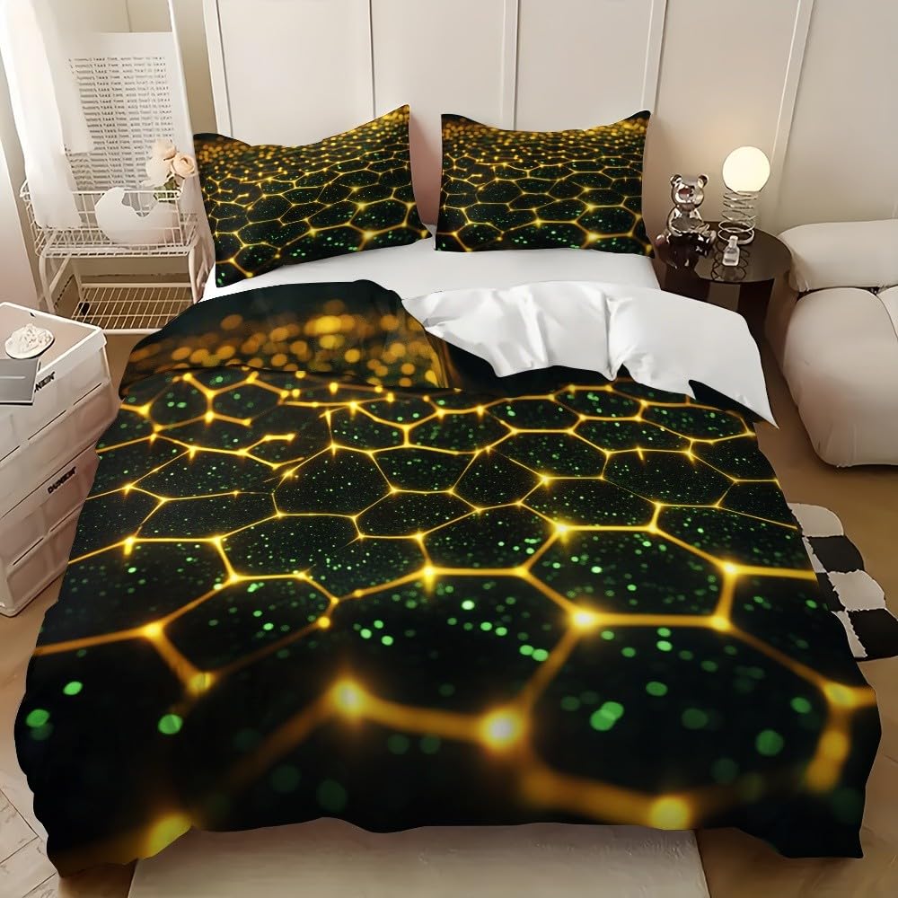Poszwa na kołdrę 220x220cm Łóżko 135 - Fluorescencyjna zielona poszwa na kołdrę z mikrofibry i 2 poszewki na poduszki 50x75, sztuka geometryczna złota z plastrem plastra miodu miękki i wygodny zestaw