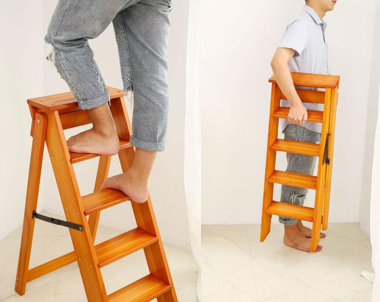 Escalera plegable de madera de 5 peldaños móvil – Taburete multifunción