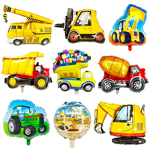FYDZBSL Globo de Coche de Dibujos 9Pcs Gran Fiesta de Globos de Aluminio Globos de Excavadora Camiones Tractores Suministros para Fiestas de Construcción Helio Mylar Cars Globos Kits Cover