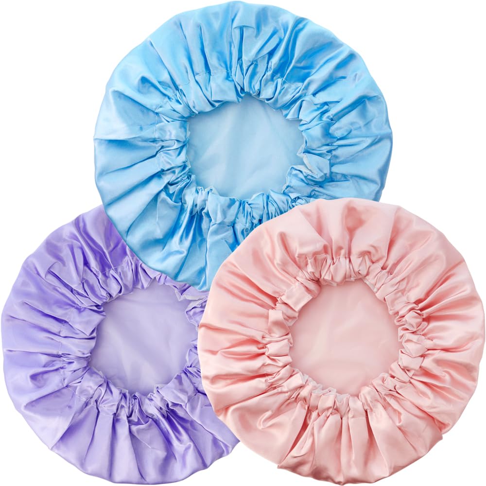 TCOTBE3 Pack Waterproof EVA Double Layers Shower Caps Reusable Shower Cap for Hair Protection Elastic Breathable Satin Shower Caps for Women