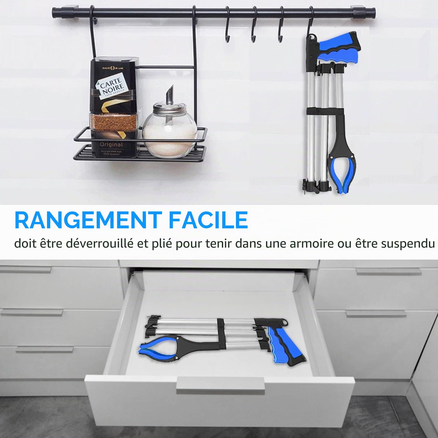Wiseten 2pcs Pince Ramasse Objet Pliables, 110cm Extra Long Pince de Préhension pour Personnes Agées, Outils de Ramassage Telescopique Rotative pour la Collecte de Déchets et d'Ordures