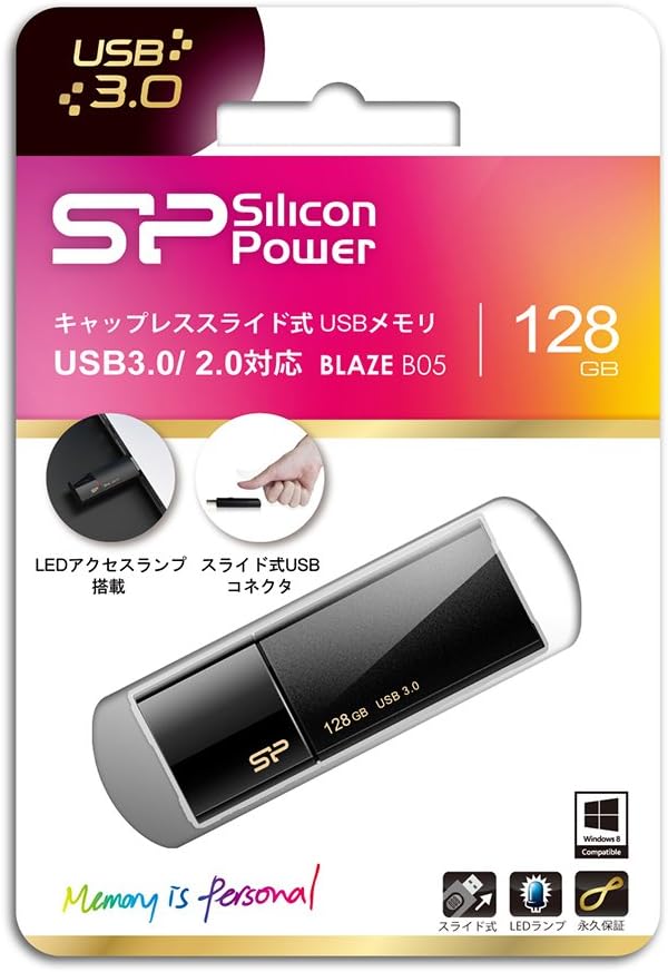 Silicon Power 128GB Blaze B05 USB 3.0 Retractable Flash Drive, Black (SP128GBUF3B05V1K)