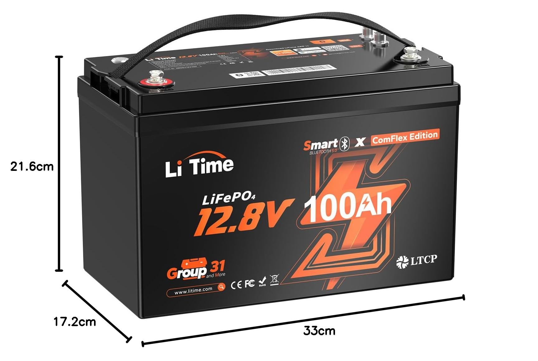 LiTime LiFePO4 12V 100Ah Lithium Bateria Bluetooth Z Systemem Victron, Komunikacja CAN/RS485, 100A BMS, Akumulator 12V 4000-15000 Cykli, Do Kempingów, łodzi, Off-Grid