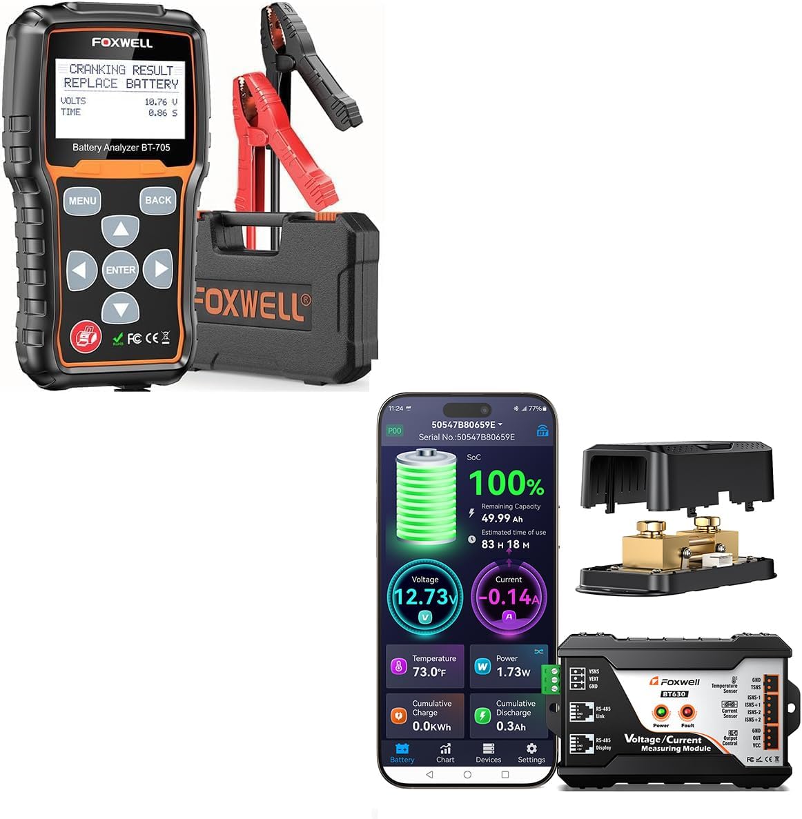 FOXWELL BT60 Bluetooth Battery Monitor with Shunt,10-120V/600A & FOXWELL BT705 12V 24V Car Battery Tester
