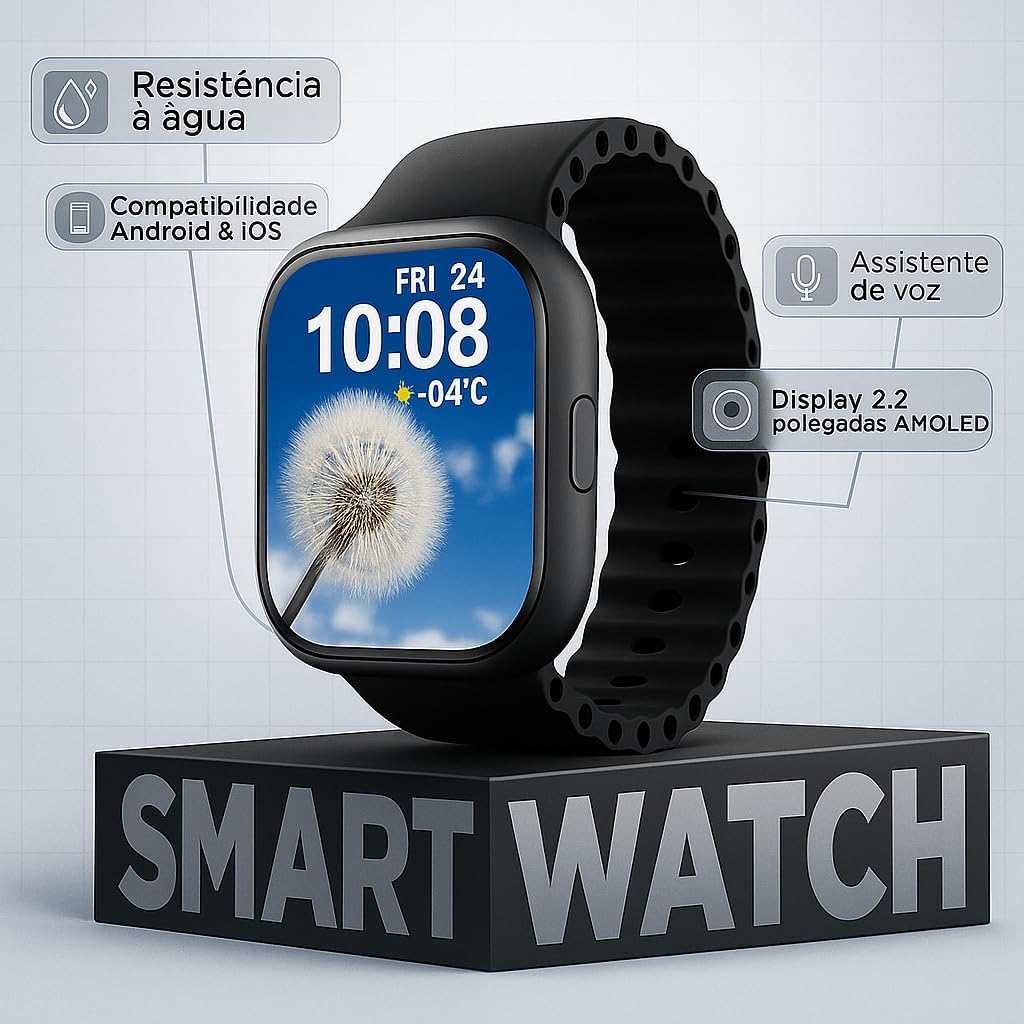 Relógio Smartwatch Premium Tela Full Touch 1,75 Polegadas, Multifuncional Recebe Ligações e Compatível Android Ios, Resistência à Água e Bateria Longa Duração