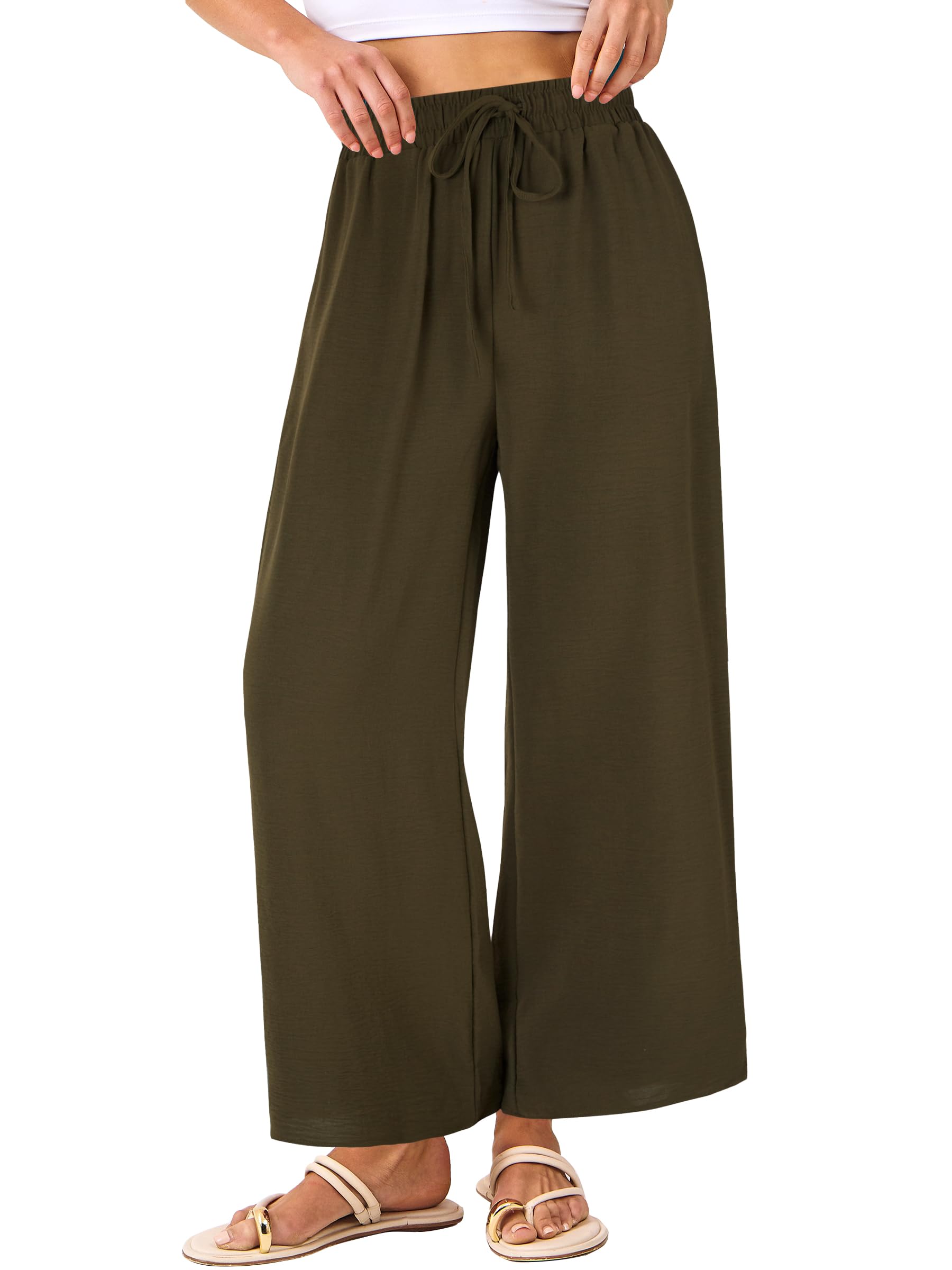 KIFOVEN Womens Summer Palazzo Pants Elastic High Waist Drawstring Casual Wide Leg Flowy Trousers with Pockets