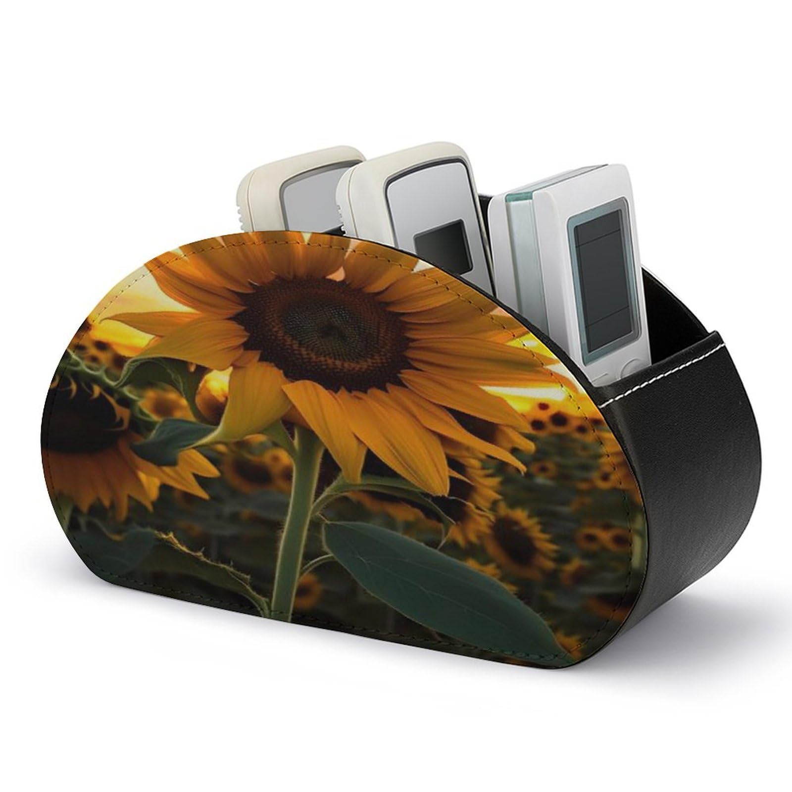 VstaDank Farm Sunflower Remote Control Holder with 5 Compartments Pu Leather TV Remote Caddy Storage Box Desktop Organizer Store Controller DVD Brush Pens Glasses&Office Supplies