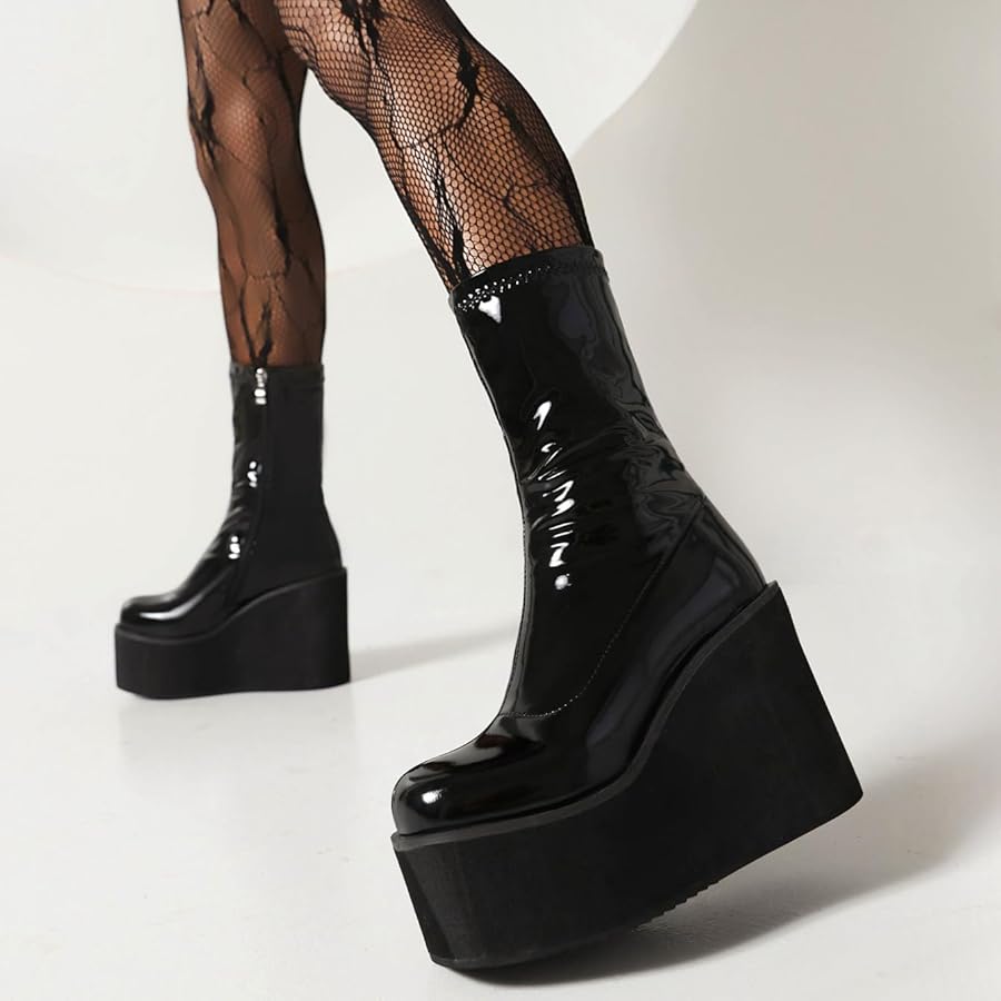 Amazon.com: Goth GoGo Boots Mid Calf Platform Boots Patent