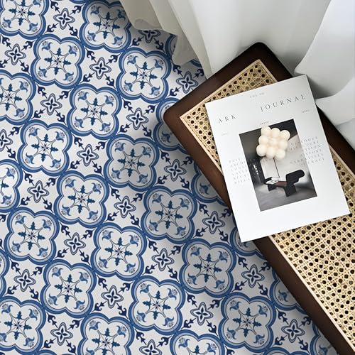 Alwayspon Revêtement de sol en vinyle, carreaux de sol autocollants bleus et blancs à coller pour salle de bain cuisine, crédence, carreaux de revêtement...