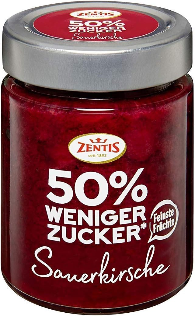 Sour Cherry Jam | 50% Less Sugar | More Fruit | Lower Calories | Gluten Free | Vegan | 195 g | Zentis | Germany