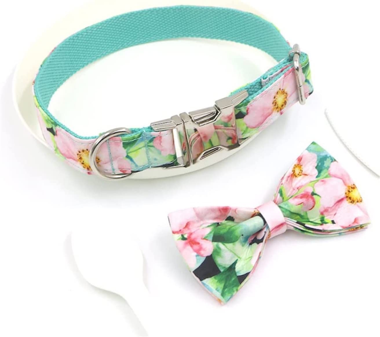 Correa Perro Collar para Perro Mascota, Estampado Floral Rosa Personalizado, Bonito Conjunto De Collar Y Correa para Perro, Hebilla De Liberación Rápida Correa Perro Suave(42-48cm)