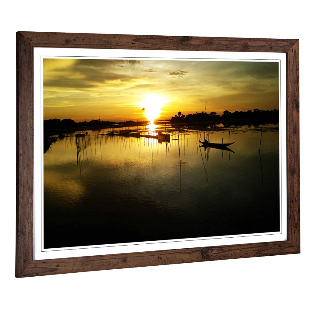Big Box Art Framed Print of Bangladesh Sunset & Fishing Boats (2) Design | Wall Art Picture | Home Decor for Kitchen, Living Room, Bedroom, Hallway, Walnut, A2 / 24.5x18 Inch / 62x45cm