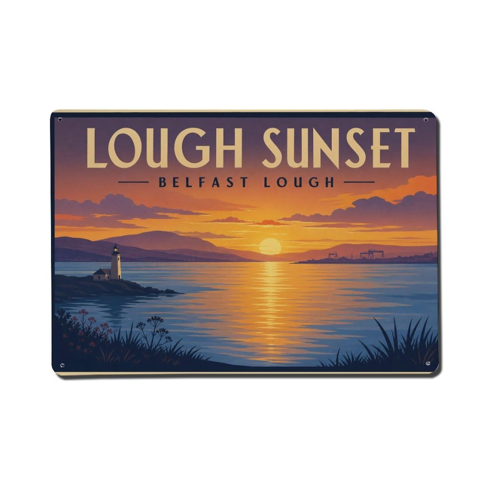 Fyrn Style Metal Tin Sign Vintage Travel Belfast Lough Sunset Ireland Coastal View 1