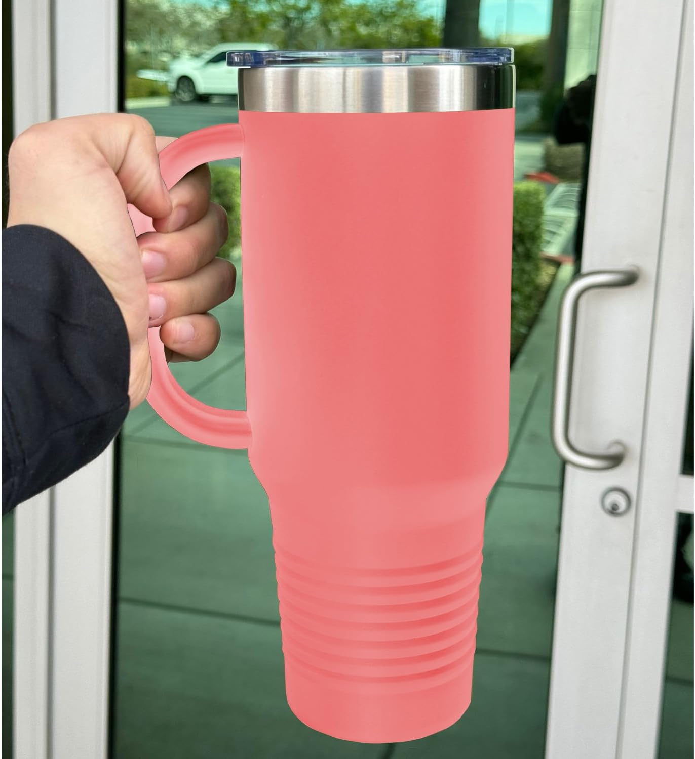 LaserGram 40oz Vacuum Insulated Travel Mug with Handle, Cactus, Personalized Engraving Included (Coral)