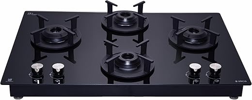 Elica 60cm 4 Burner Auto Ignition Hob | RG FLEXI 460 LOTUS IND HD BRASS | SABAF Brass Burners | Built-in & Freestanding | Toughened Black Glass |…