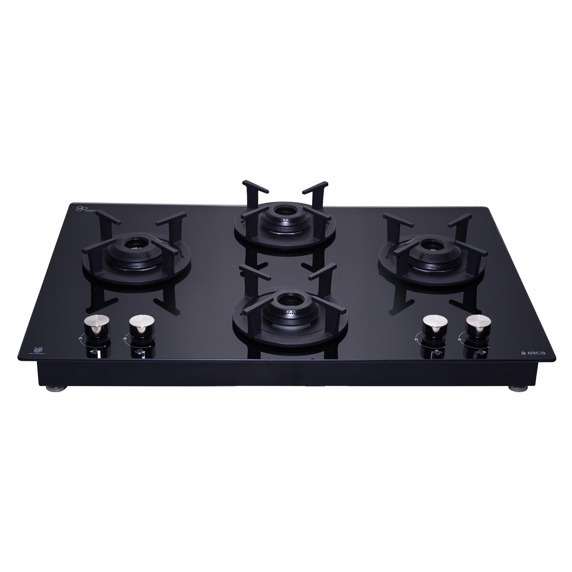 Elica 60cm 4 Burner Auto Ignition Hob | RG FLEXI 460 LOTUS IND HD BRASS | SABAF Brass Burners | Built-in & Freestanding | Toughened Black Glass | 10-Year Burner & 5-Year Glass Warranty