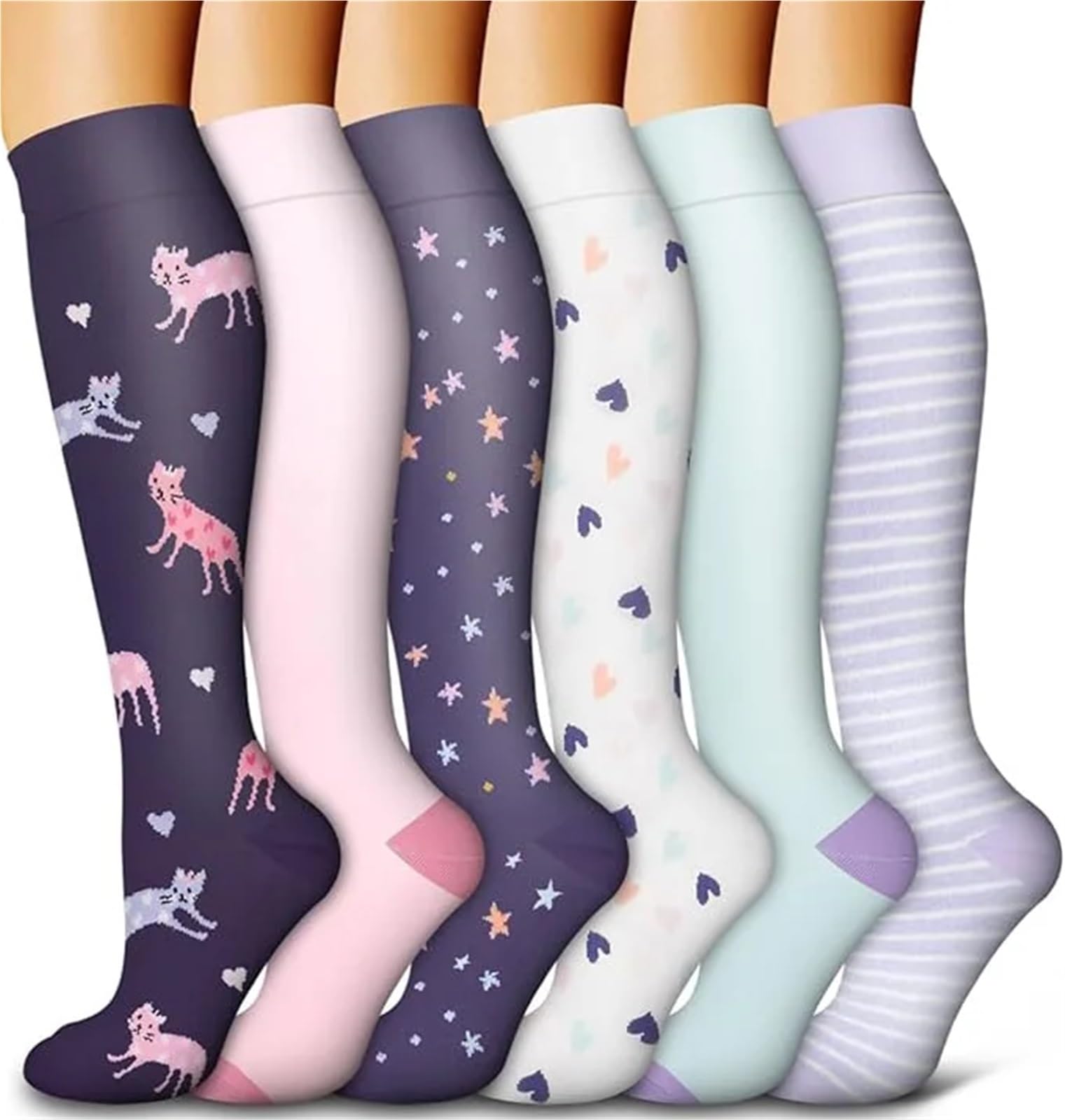 6 par/lote calcetines de compresión animales coloridos senderismo baloncesto fútbol presión varicosa medias de nailon hombres mujeres triangulación de envíos(Purple Star,S-M)