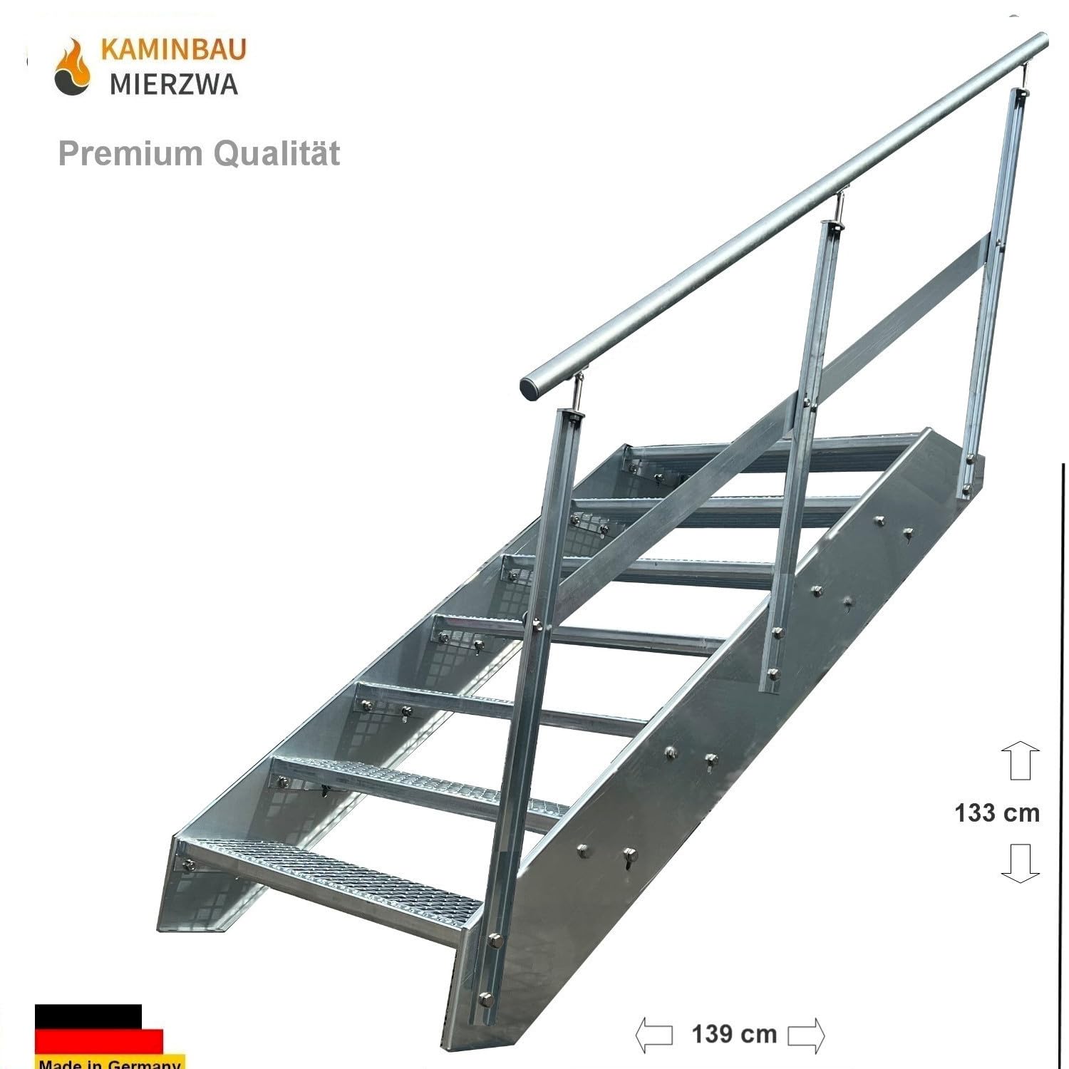 Scale con griglia in acciaio Premium 7 Gradini Completamente zincata con ringhiera a destra - Dimensioni (L x L x H) 139cm x 100cm x 133cm Resistente alle intemperie e alla corrosione