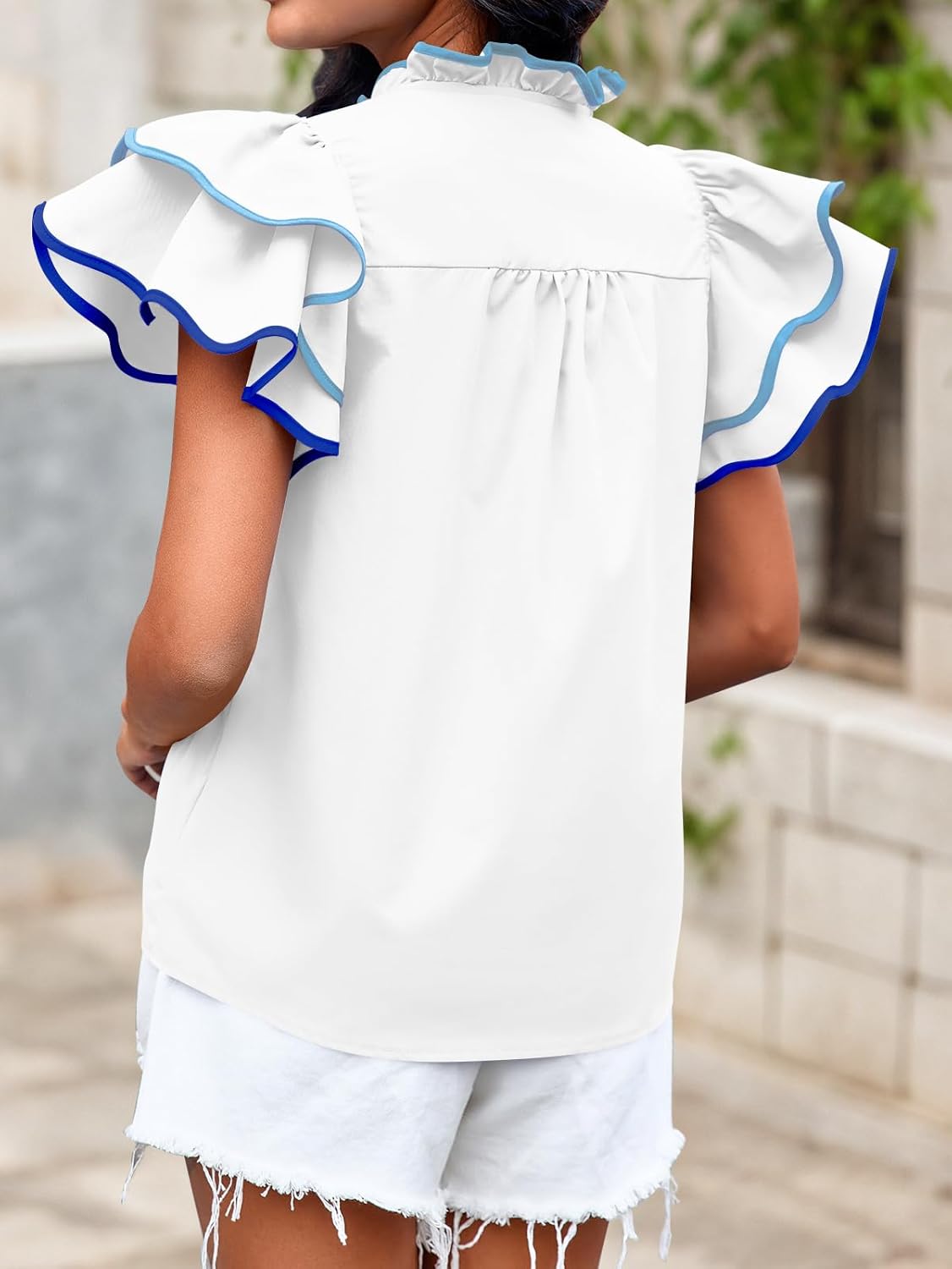 Tankaneo Womens Ruffle Short Sleeve Blouse V Neck Button Down Shirts Color Block Trendy Casual Tops - Image 5