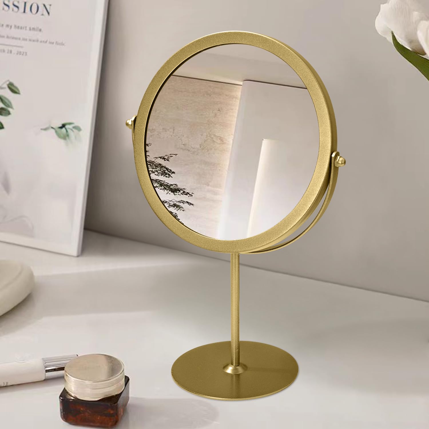JJUUYOU Metal Makeup Mirror with Stand 1X/15X Magnification 360 Degree Swivel Magnifying Mirror 17CM Portable Table Mirrors Bathroom Shaving Mirrors,Gold