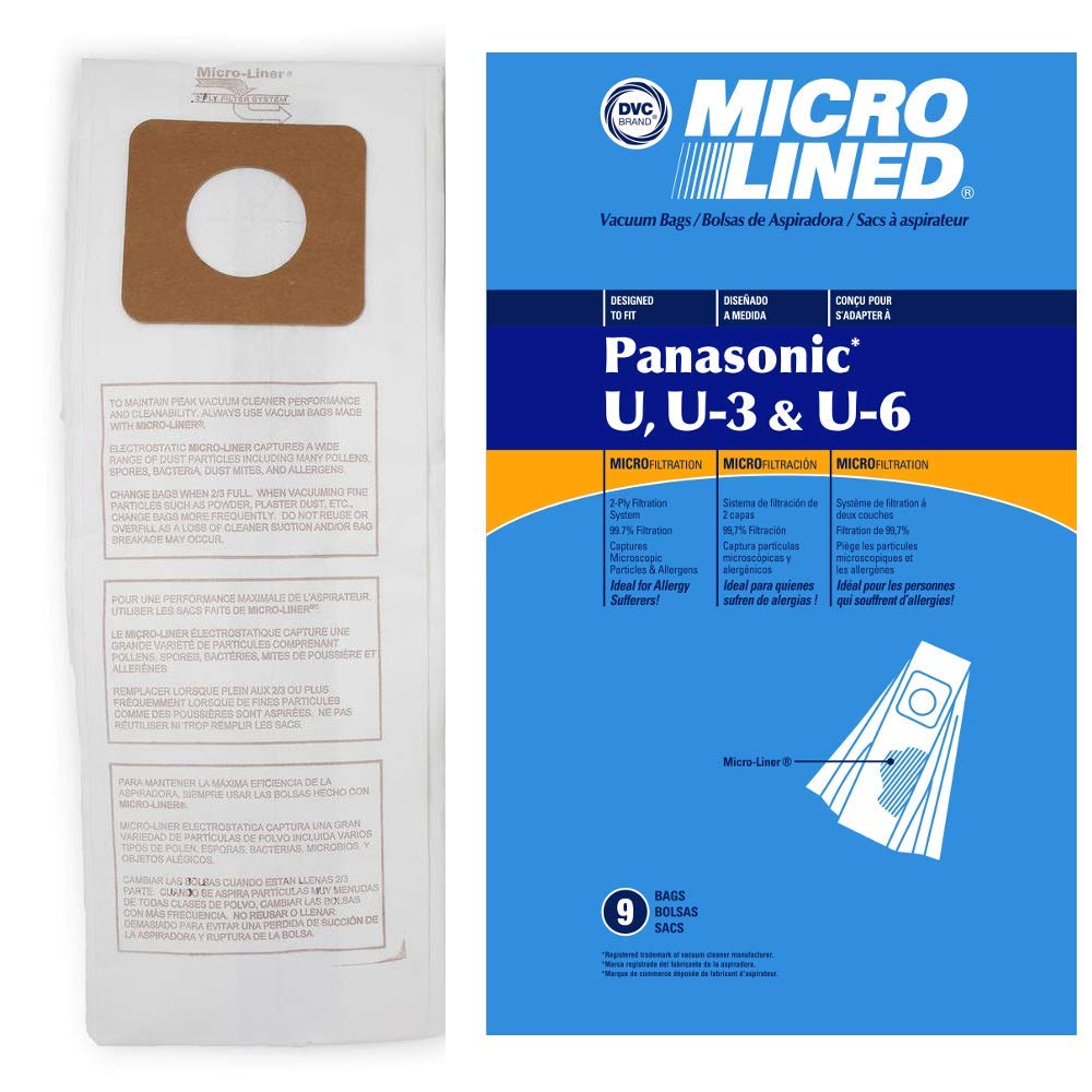 DVCMicro-Lined Paper Replacement Bags For Panasonic Style U, U-3, and U-6 Models MC-V5100, 5200, 5300, 5500, 6200, 6300, 6600, 6700, 6800, 6900-9 Bags